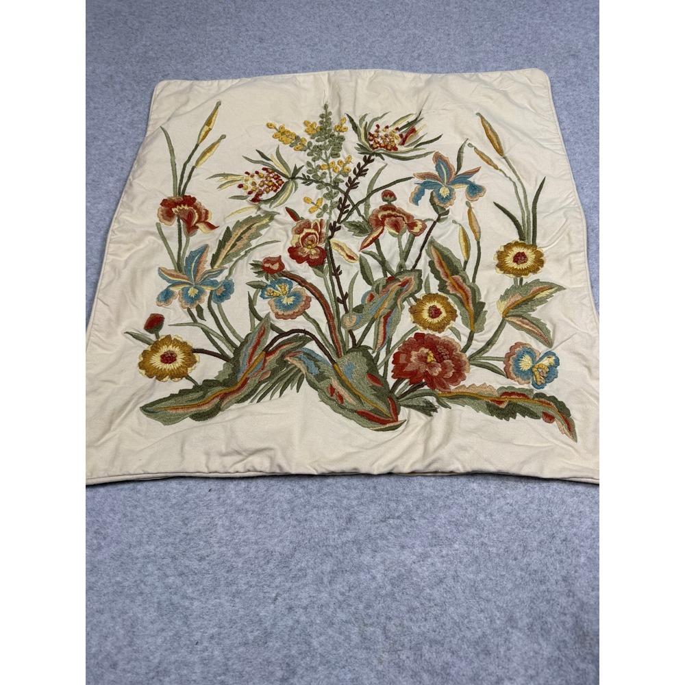 Pottery Barn Embroidered Floral Crewel Pillow Sham Cover 24x24 Cream 2010